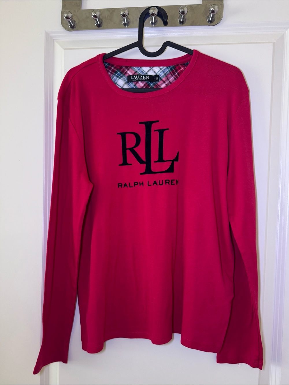 Ralph Lauren Red Solid Logo Long Sleeve Crew Neck T-Shirt Top with Plaid lining